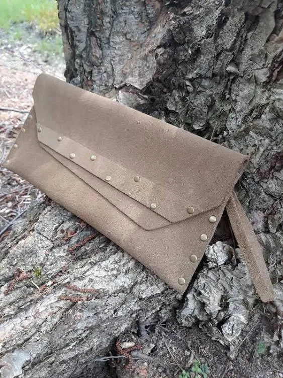 Olive Green Suede Clutch Bag/ Stylish Clutch Handbag Handcrafted