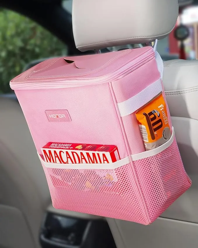 HOTOR Car Trash Can with Lid and Storage Pockets - 100% Leak-proof Organizer, Waterproof Garbage Can, Multipurpose Trash Bin for Car, 2 Gallons, Pink