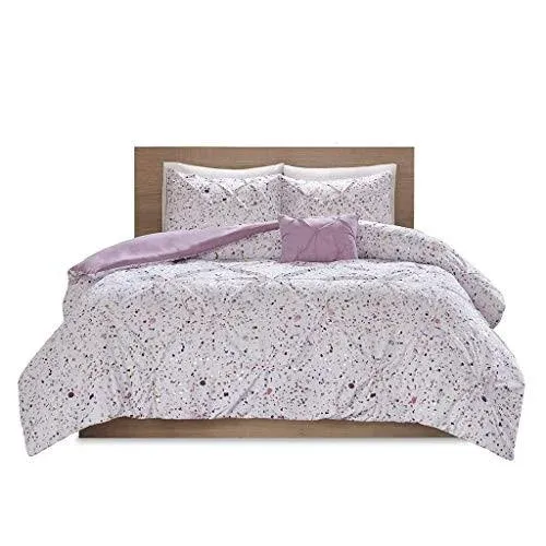 Intelligent Design - Abby Metallic Printed and Pintucked Duvet Cover Set - Plum - Twin/Twin XL