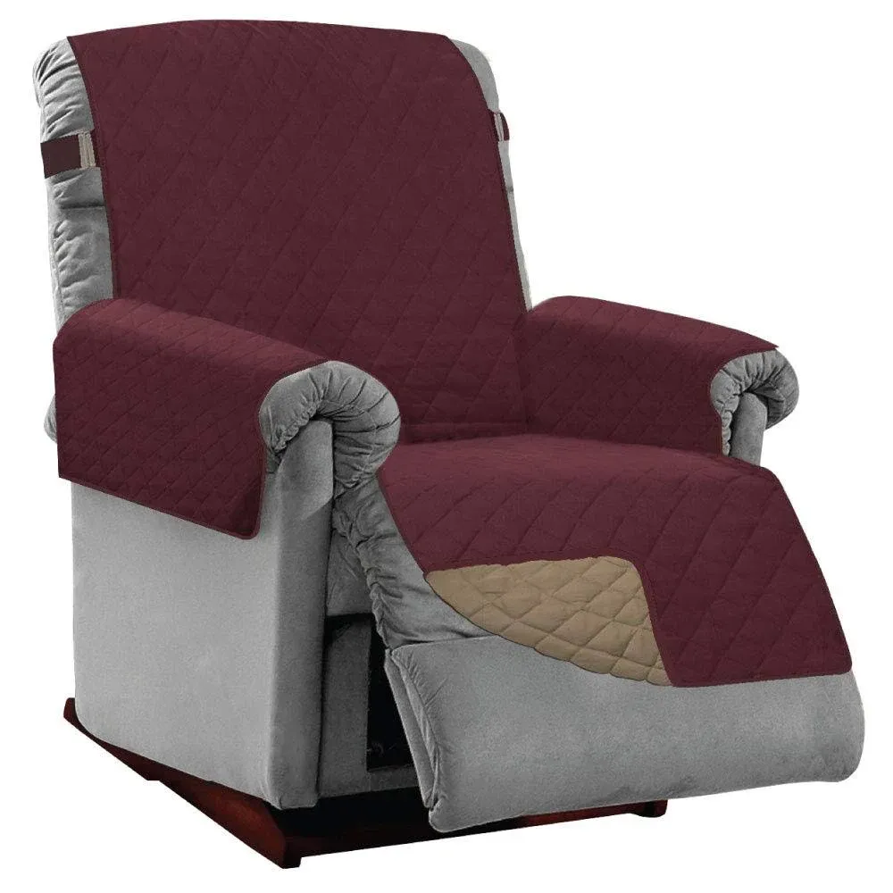 Sofa Shield Recliner Slip Cover with Patented Strap, Cushion Protector, Reversible Stain and Dog Tear Resistant Slipcover, Quilted Microfiber 28” Seat, Washable Covers for Dogs Pets Kids, Burgundy Tan