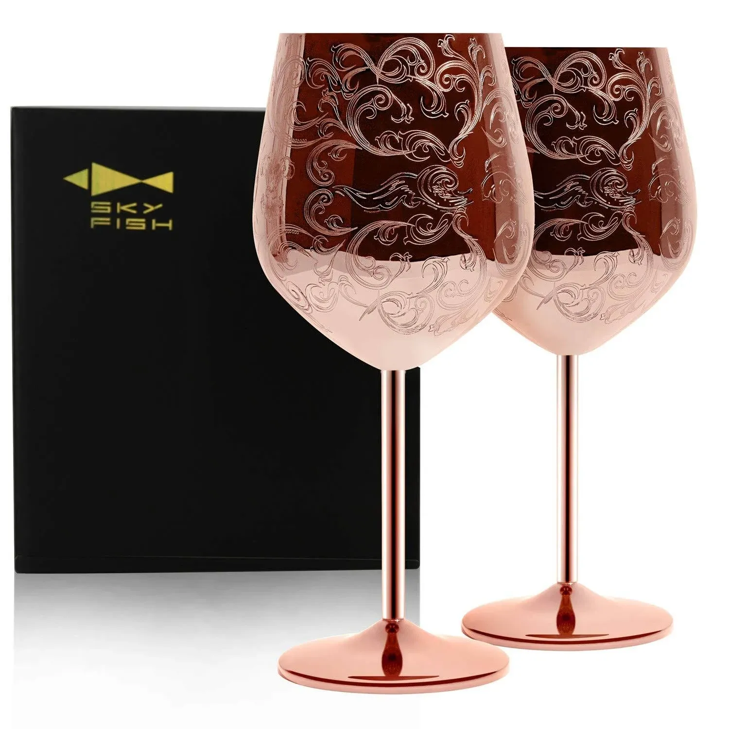 SKY FISH Etched Stainless Steel Wine Glasses Set of 2(17oz) Wine Goblets