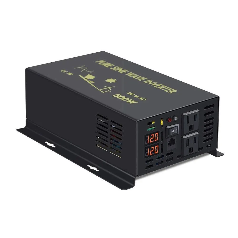 500W 12V 120V Pure Sine Wave Power Inverter with 2 AC Outlets Wired Remote Co...