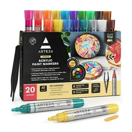 Arteza Acrylic Paint Markers Set of 20 Assorted Color Pens Replaceable Tips