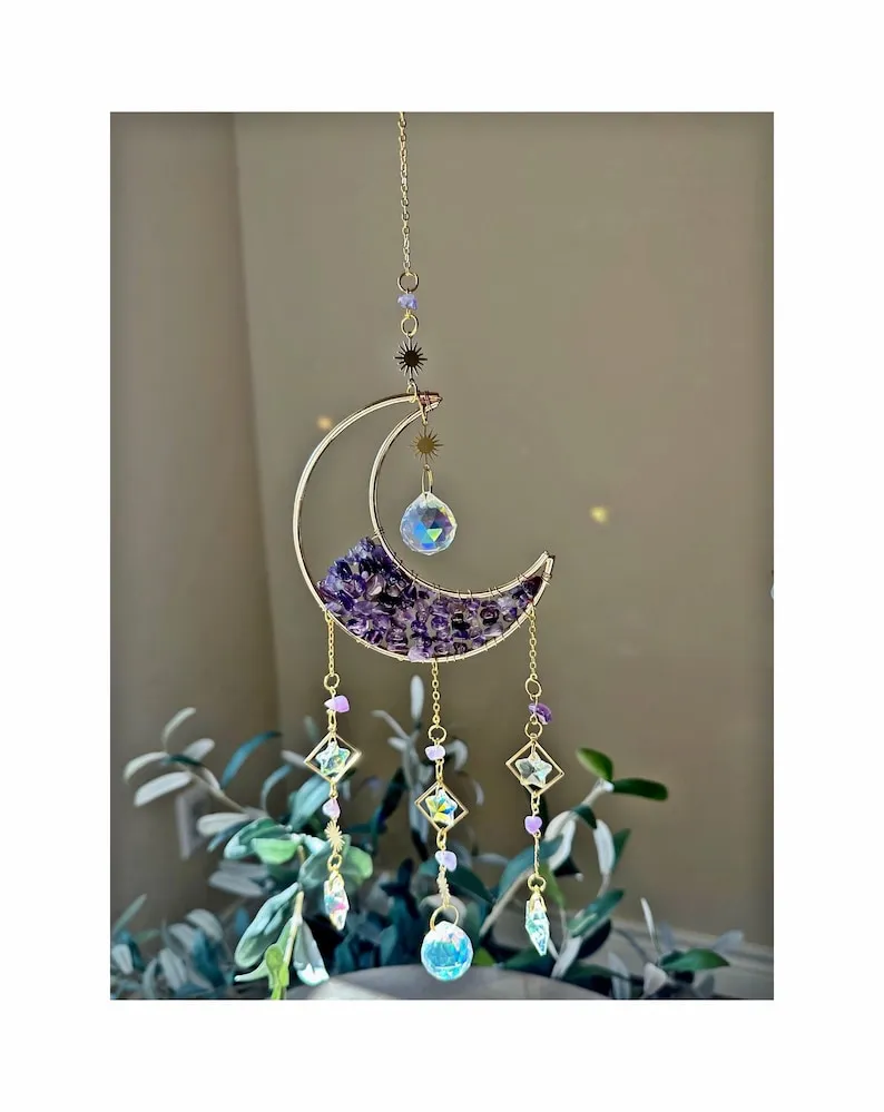 Amethyst Gemstone Crystal Suncatcher, Hanging Moon Sun Catcher with Prisms, Window Hanging, Rainbow Maker, Crystal Gift