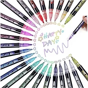 24 Color Double Line Outline Marker Pens, Super Squiggles Outline Pens 3mm Thick Doodle Glitter Outline Markers for Kids