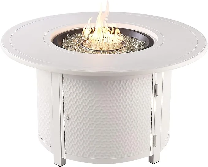 Round 44 in. x 44 in. Aluminum Propane Fire Pit Table with Glass Beads, Two Covers, Lid, 57,000 BTUs in White Finish