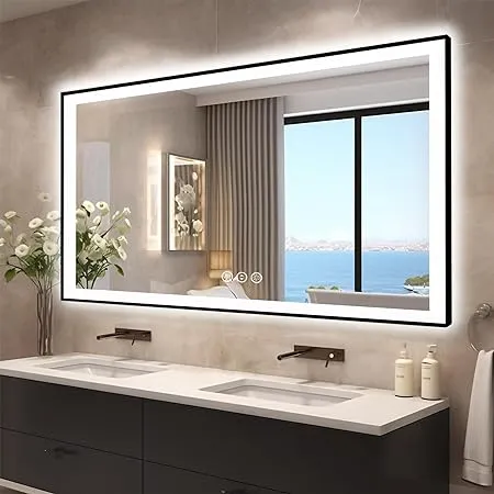 60x28 LED Bathroom Mirrors for Wall-Black Aluminum Framed(Front and Backlit), Anti-Fog Vanity Mirror with Lights, Stepless Dimmable Lighted Mirror,3 Colors Smart Mirror(Horizontal/Vertical)