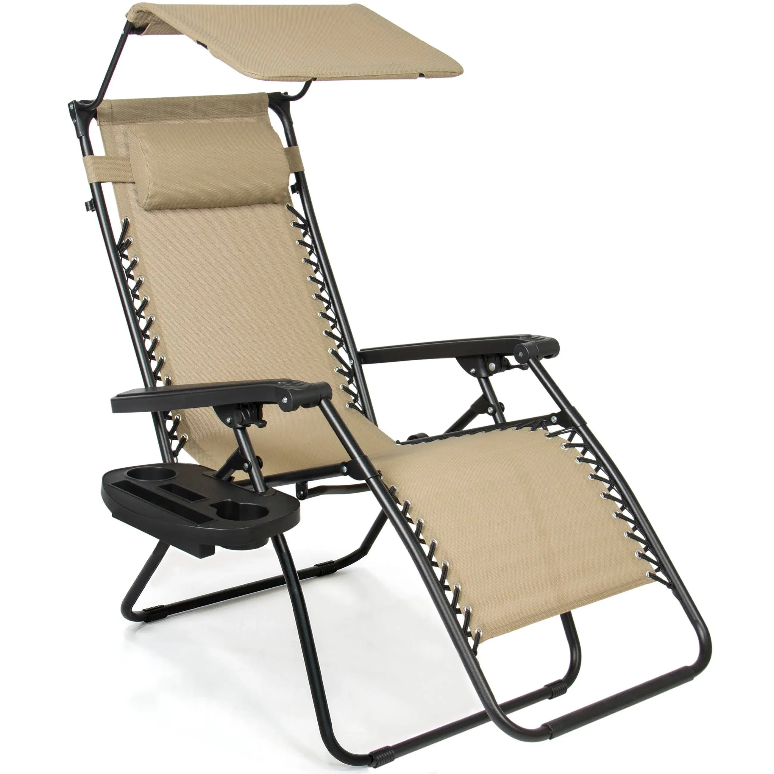 Best Choice Products Folding Zero Gravity Outdoor Recliner Patio Lounge Chair w/Adjustable Canopy Shade, Headrest, Side Accessory Tray, Textilene Mesh - Beige