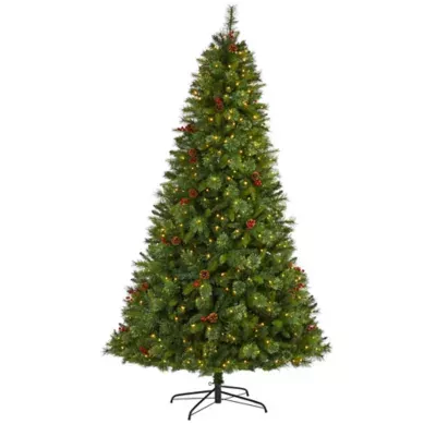 8&#39; Aberdeen Spruce Artificial Christmas Tree with 500 Clear LED Lights, Pine Cones and Red Berries