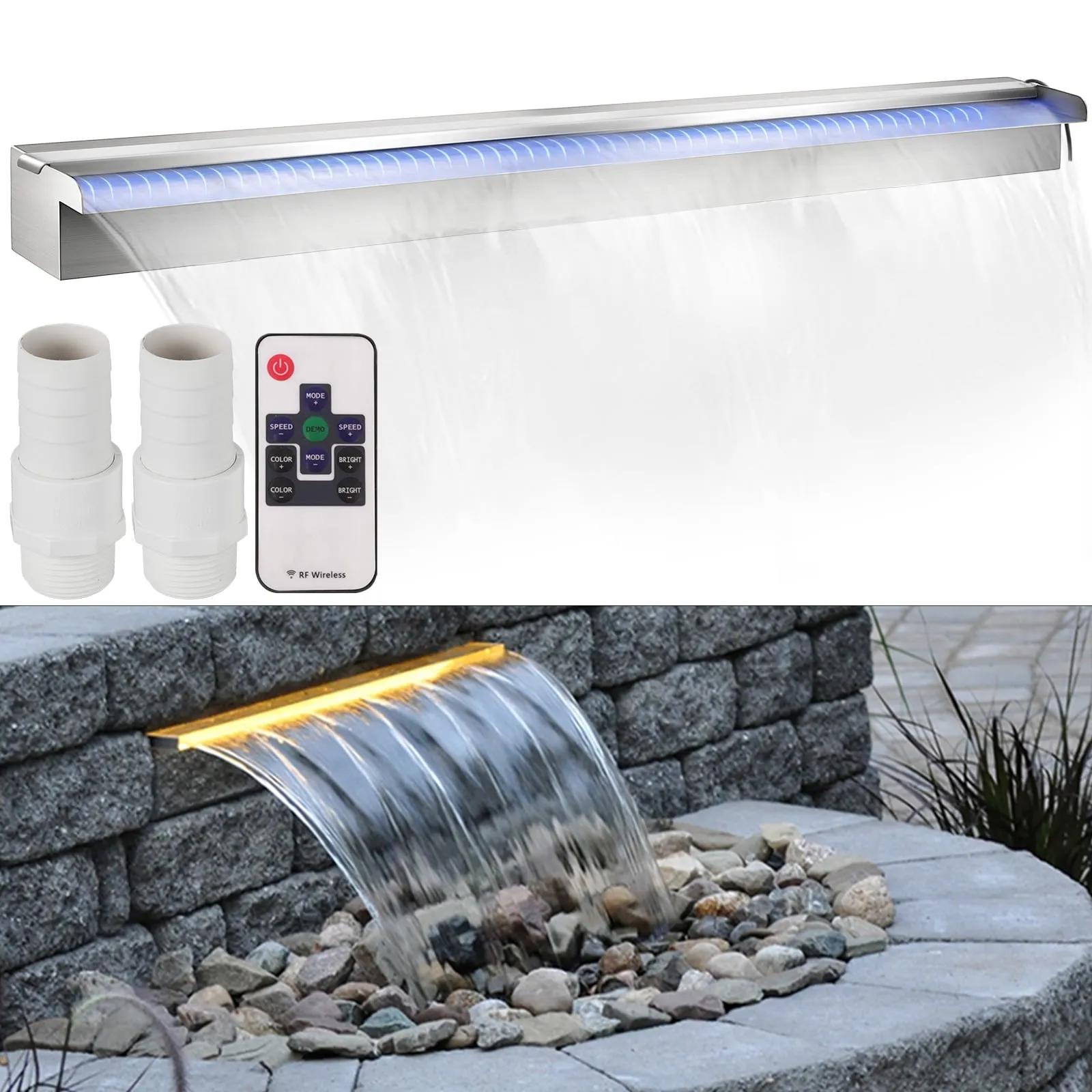 VEVOR Pool Fountain 4.5" x 3.1" Stainless Steel Pool Waterfall with LED Strip Light Waterfall Spillway