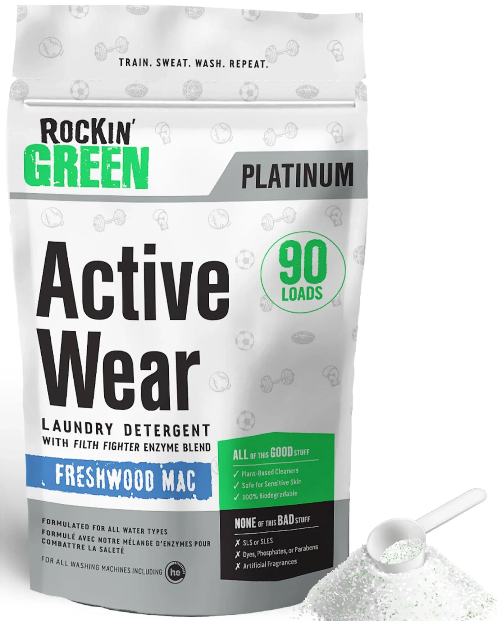 Rockin' Green Active Wear Detergent (90 Loads), Plant based, All Natural Laundry Detergent Powder, Vegan and Biodegradable Odor Fighter, Safe for Sensitive Skin, 45 oz (Unscented)