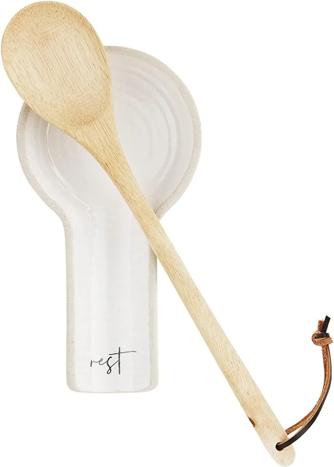 Mud Pie Stoneware Spoon Rest Set, Cream, Rest 7 1/4" x 4" | Spoon 12"