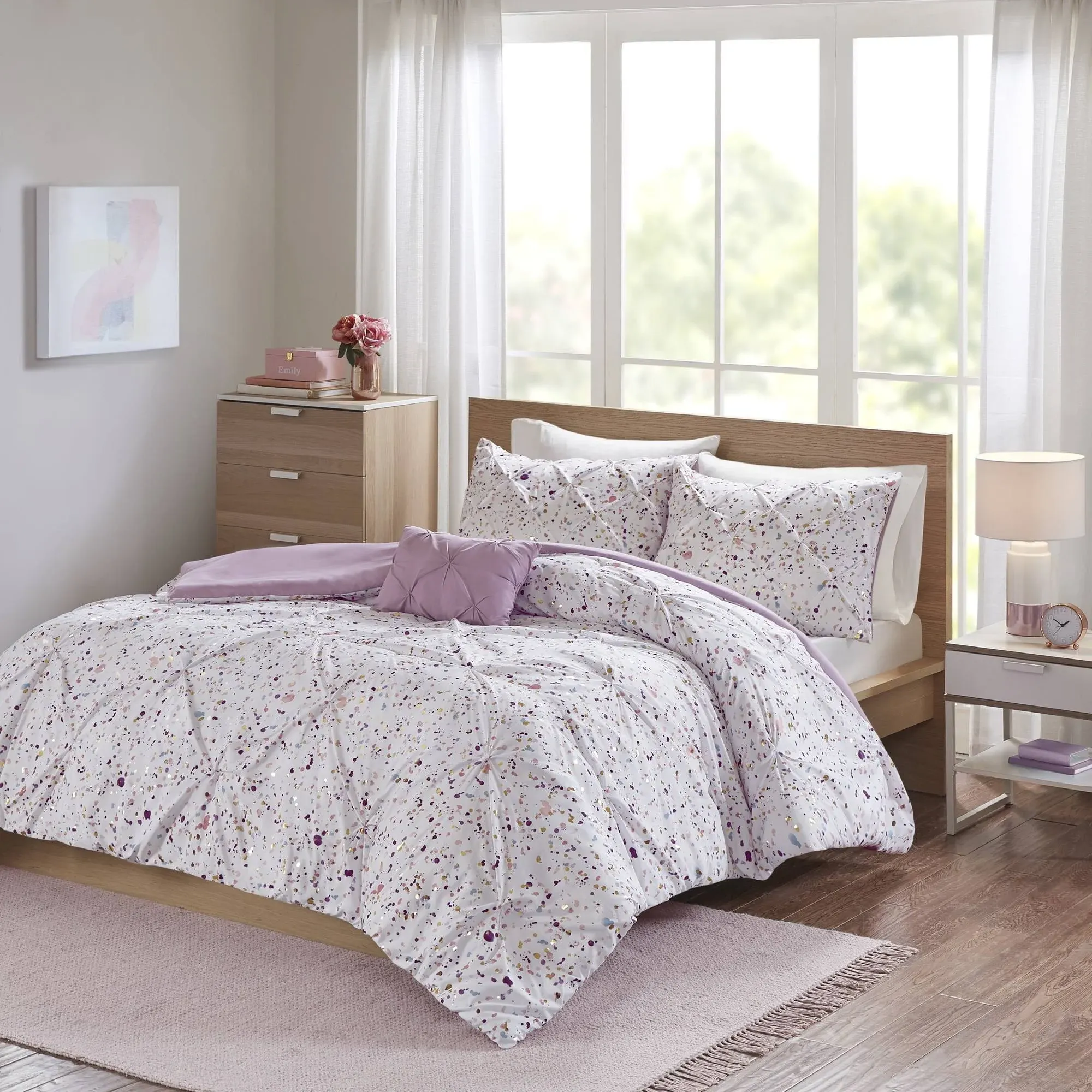 Intelligent Design - Abby Metallic Printed and Pintucked Duvet Cover Set - Full/Queen - Plum