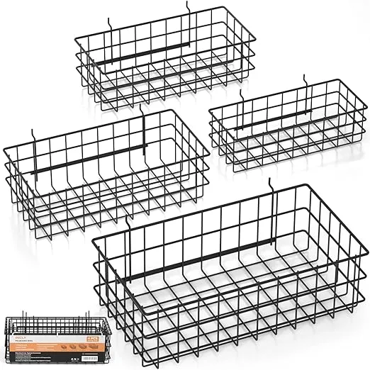 INCLY 4 Pack Pegboard Baskets Bins Set, Square Style 4 Size Black Metal Wire Shelves Hooks to Any Peg Board - Organize Tools, Workbench, Accessories, Garage Storage Organizer Attachments