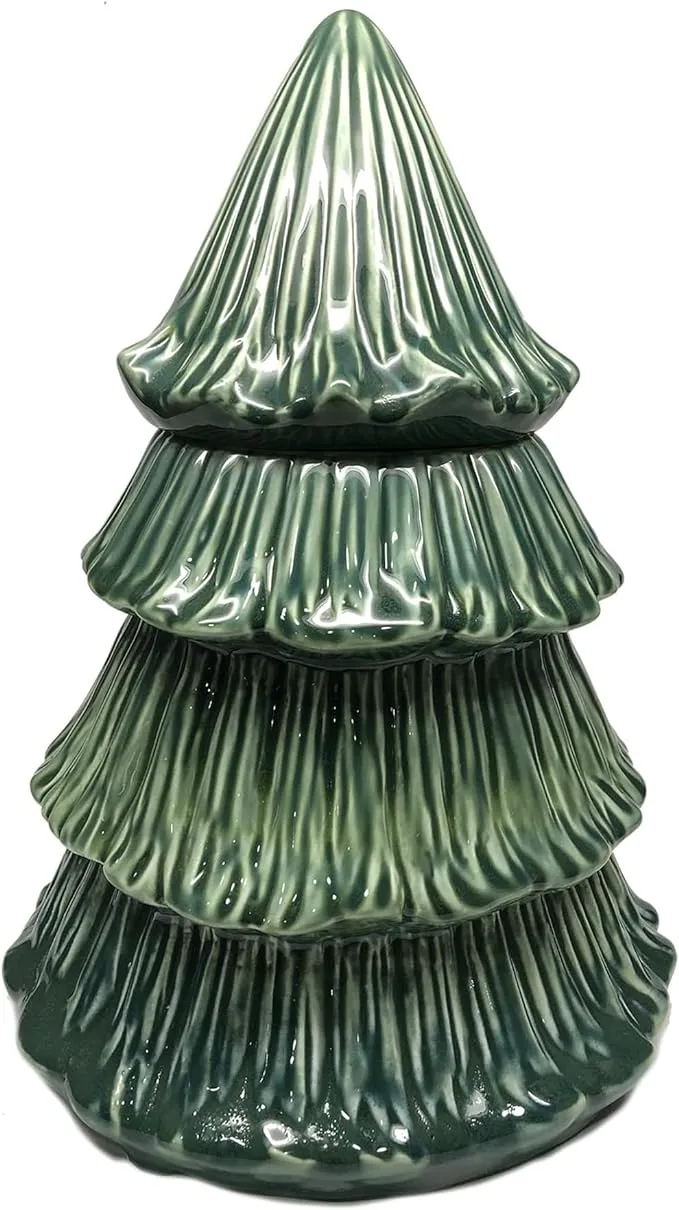 Forest Green Christmas Tree 13 inch Hand Painted Ceramic Cookie Jar Canister