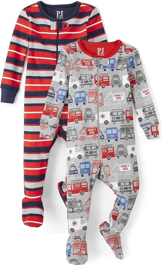 The Children's Place Baby Boys' and Toddler Snug Fit 100% Cotton Zip-Front One Piece Footed Pajamas 2-Pack