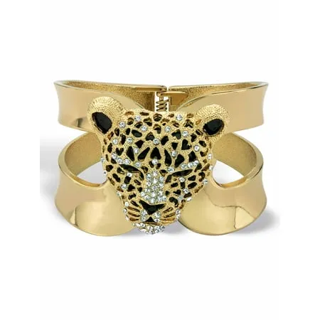 Goldtone Crystal Leopard Hinged Cuff Bangle Bracelet (50mm) | White