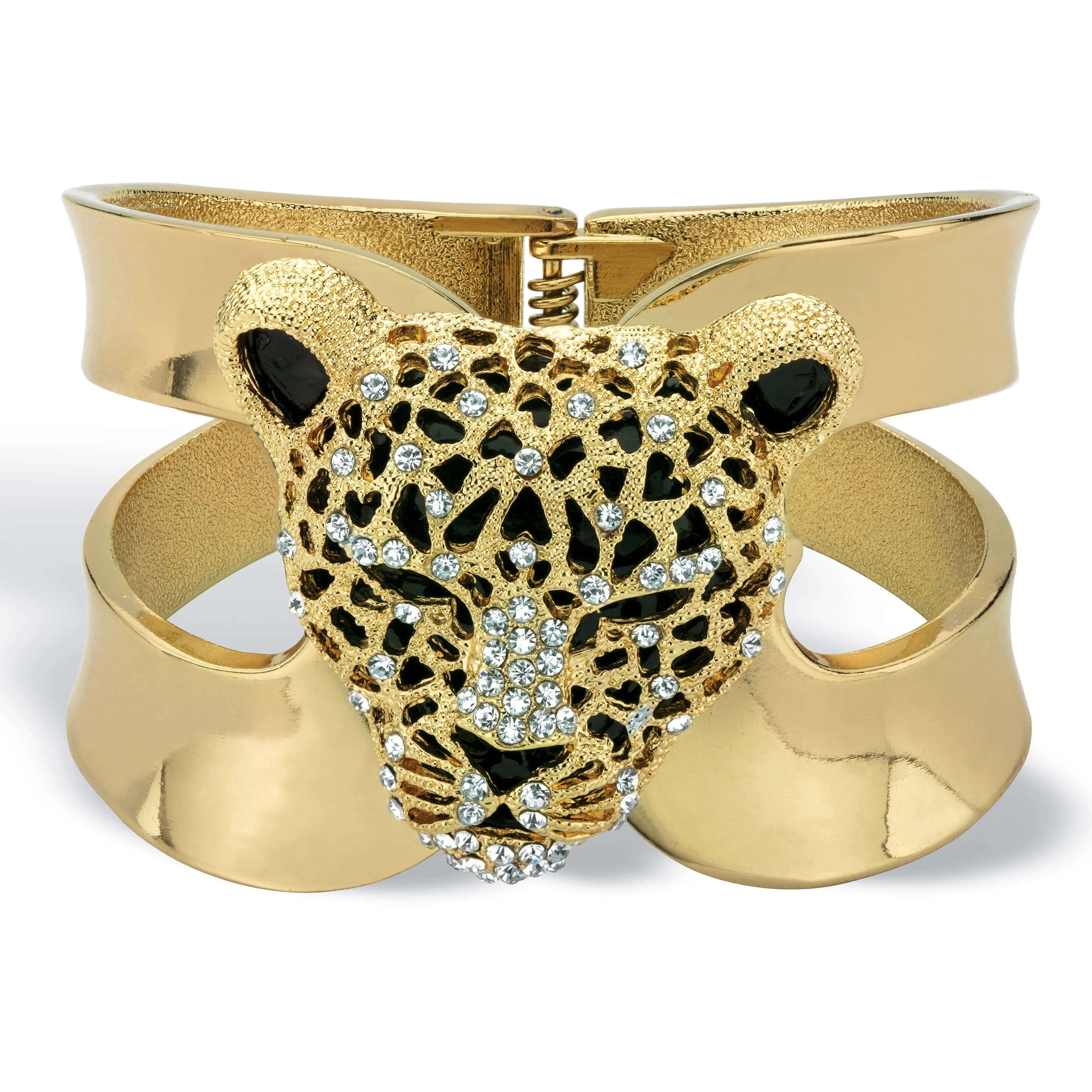 Goldtone Crystal Leopard Hinged Cuff Bangle Bracelet (50mm) | White