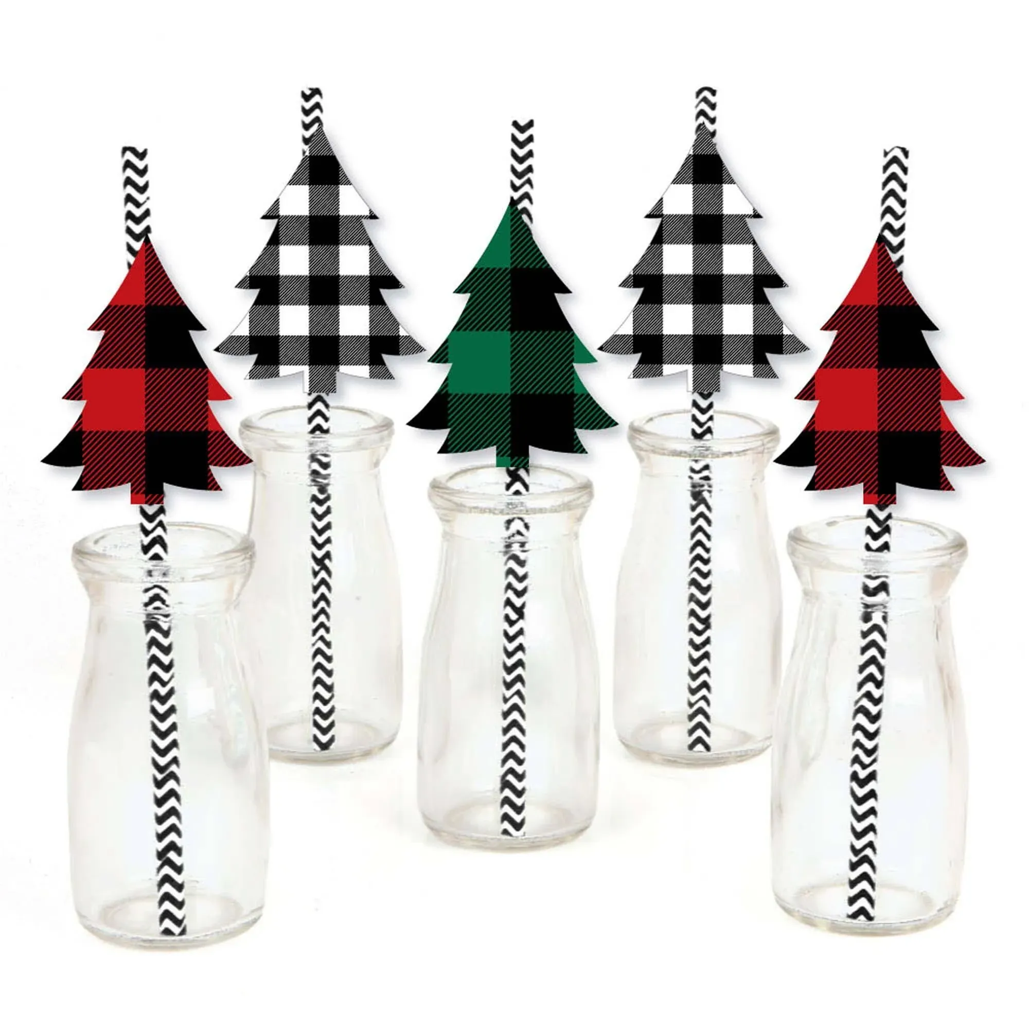 Holiday Plaid Trees - Paper Straw Decor - Christmas Striped Decor Straws - 24 Ct