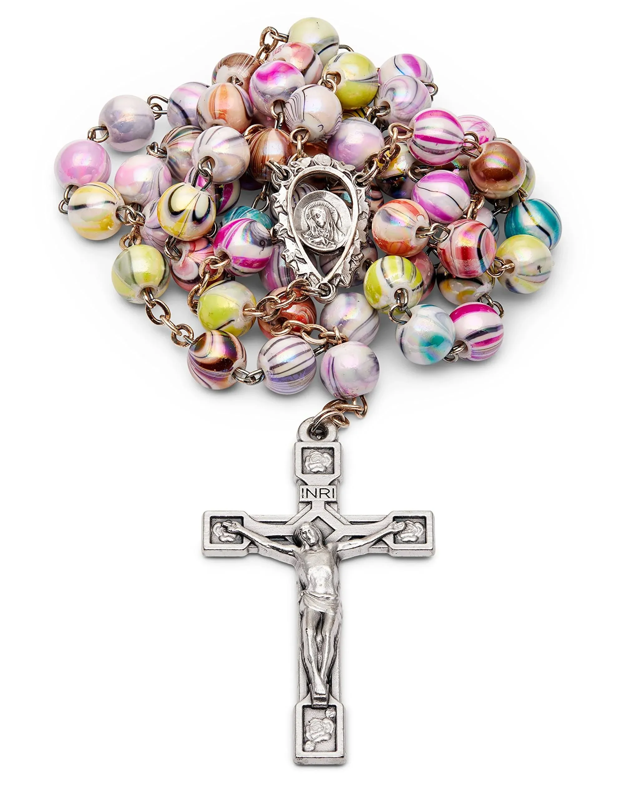 Multicolor Catholic Rosary in 0,31" Arlecchino Beads with A Decorated Our Lady of Sorrow Centerpiece.