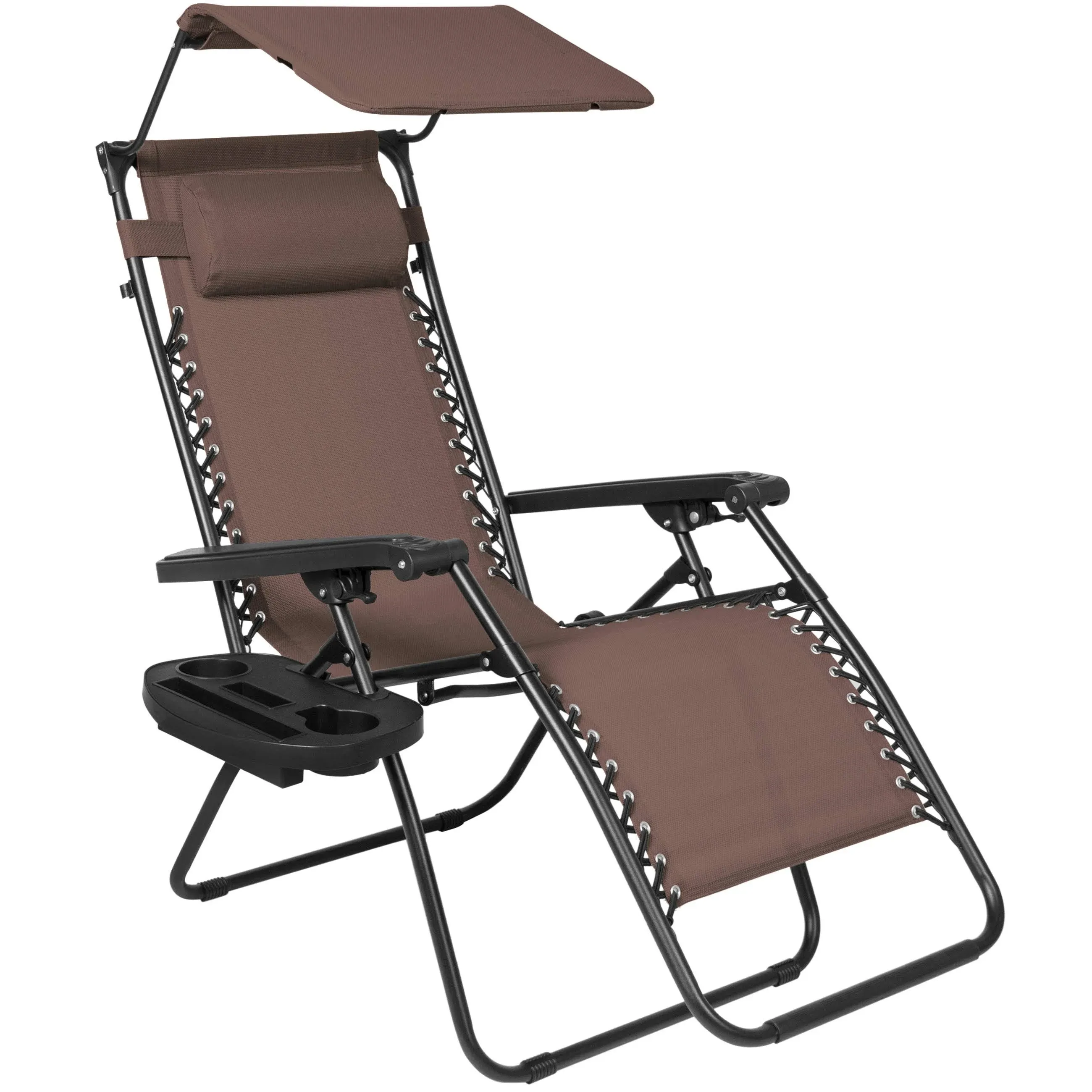 Best Choice Products Folding Zero Gravity Outdoor Recliner Patio Lounge Chair w/Adjustable Canopy Shade, Headrest, Side Accessory Tray, Textilene Mesh - Brown