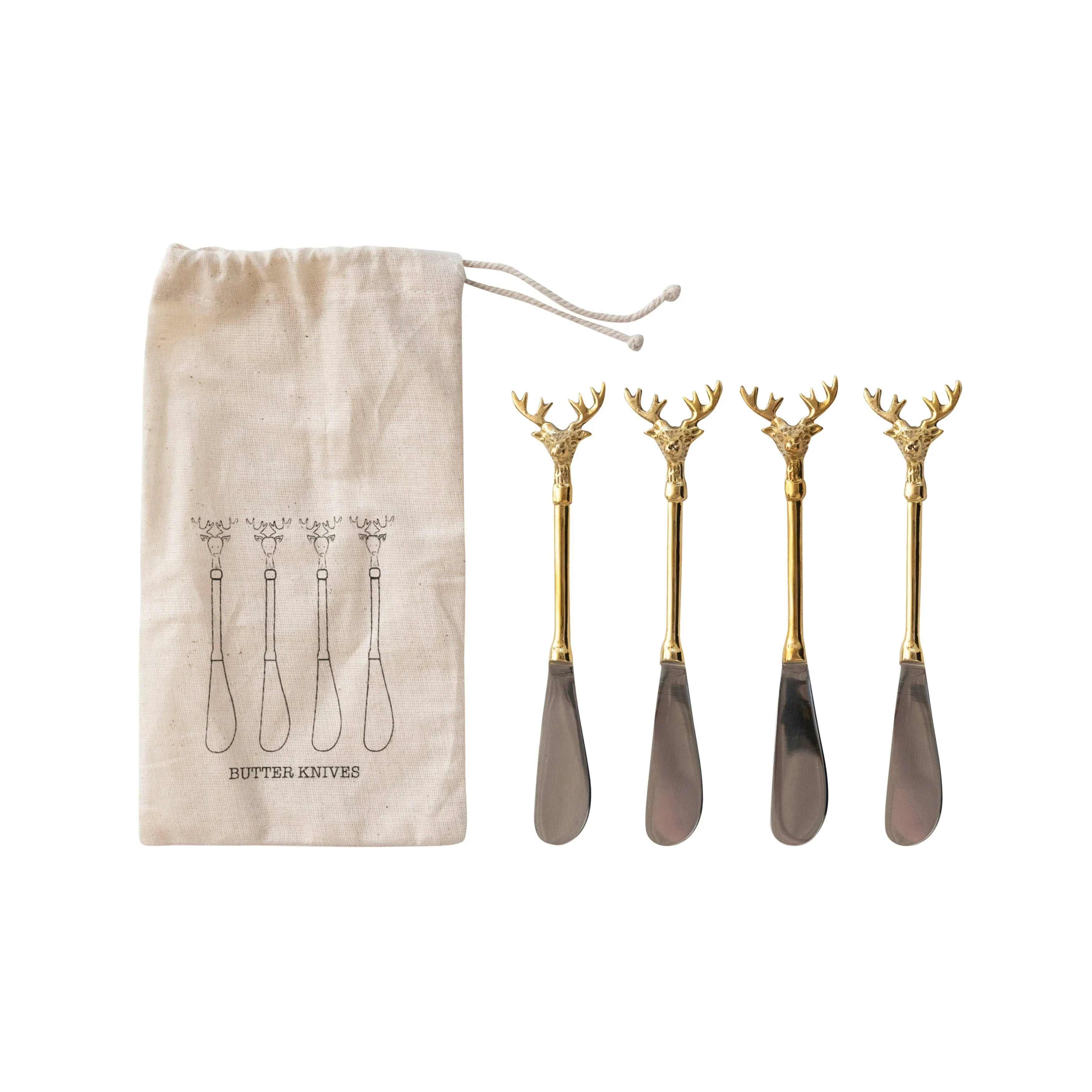 Brass & Stainless Reindeer Canape Knives Set/4