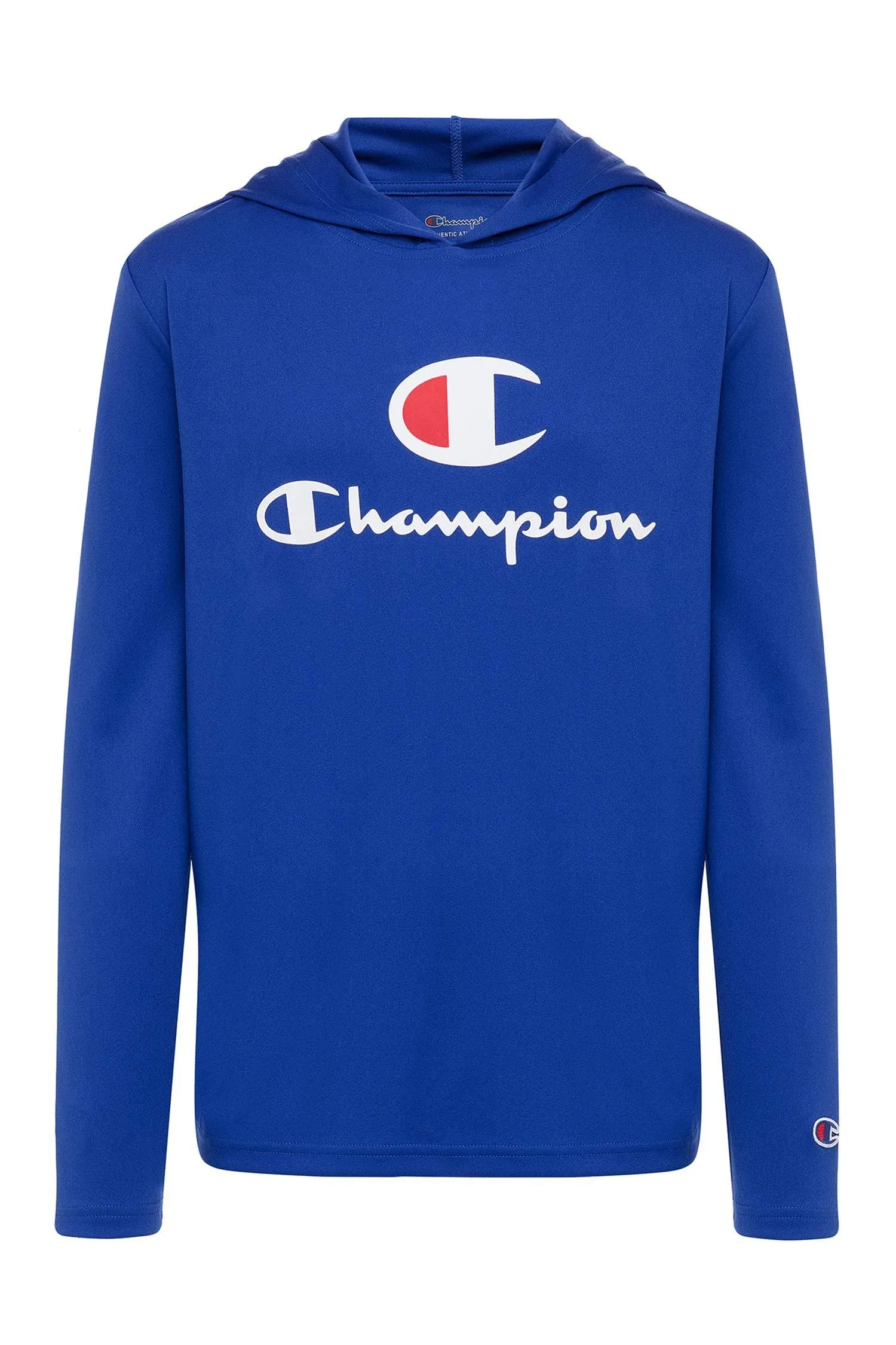 Champion Hoodie Top Boys Size Medium Long Sleeve Blue Stretch Logo Hooded Shirt