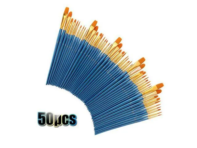 OIAGLH 50pcs Watercolor Gouache Paint Brush Set Acrylic Oil Nylon Hair Drawing Supplies Gift Students Flat Round Stationery Adults Kids