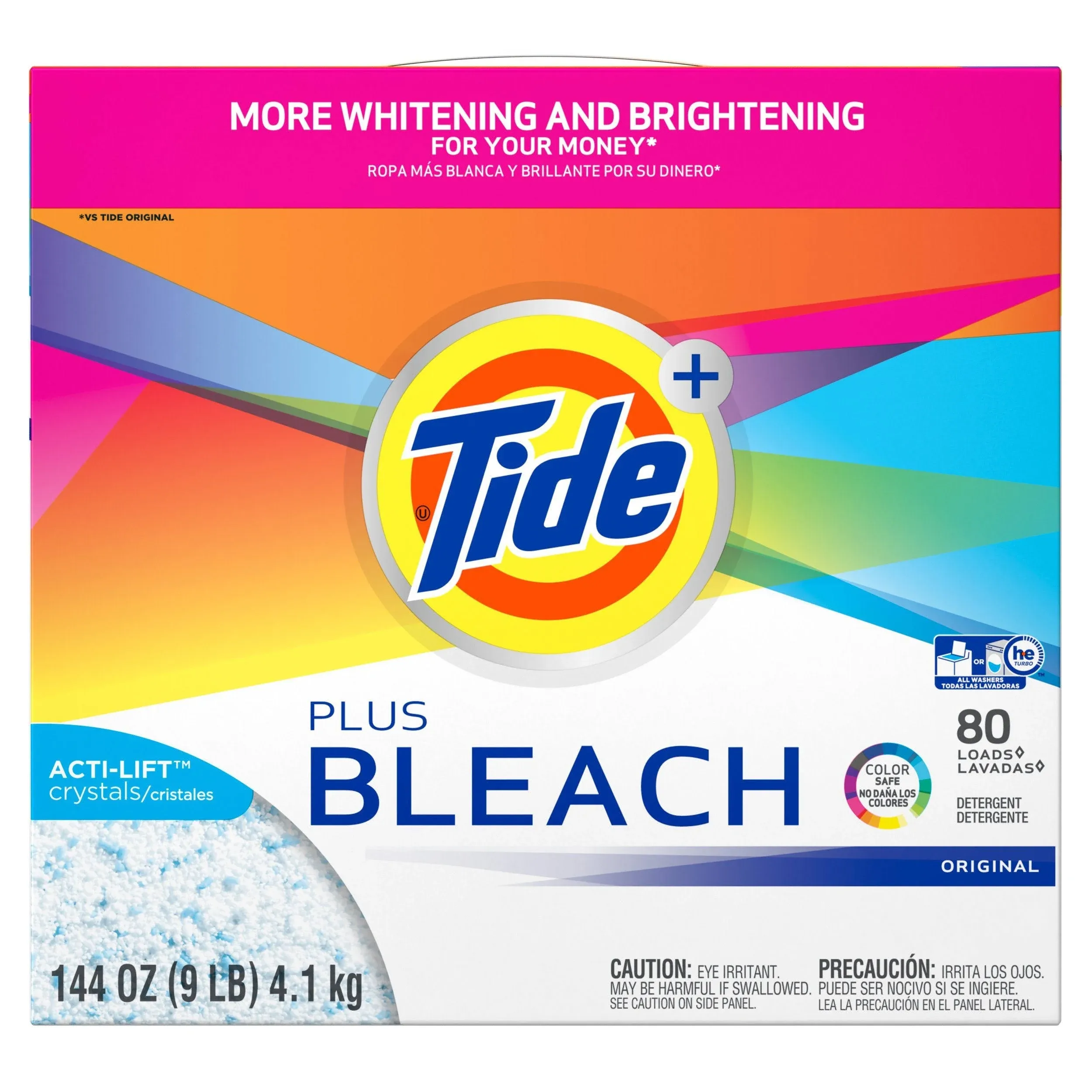 Tide Plus Bleach 80 Loads, Powder Laundry Detergent, 144 oz