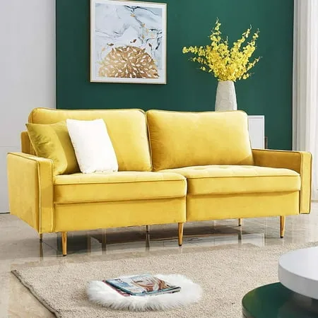 Love Seats Mid Century Sectional Fabric Sofa Modern Couch Upholstered Sofas with 2 Soft Pillow Metal Legs High End Velvet Fabric Loveseat Sofa Couch for Small Spaces Yellow Q9270