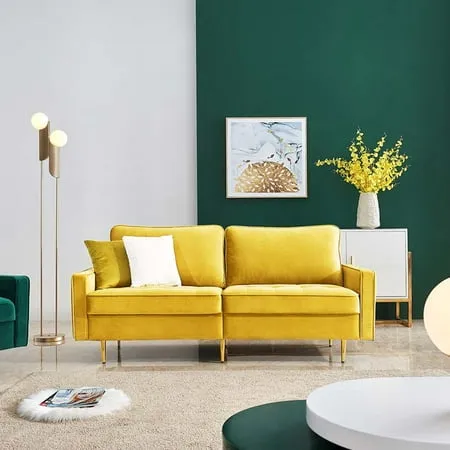 Mid Century Modern Couch High End Velvet Fabric Contemporary Sofa Sets with Metal Legs Sectional Sofa Bedroom Furniture with 2 Soft Pillow Loveseat Fabric Sofa for Small Spaces Yellow Q9266