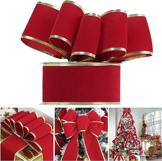 AIMUDI Red Velvet Ribbon for Christmas Tree 2.5 Inch Red Christmas Ribbon Wired Red Ribbon with Gold Trim Red Wired Ribbon for Wreaths Christmas Wired Ribbon Thick Velvet Ribbon for Crafts - 25 Yards