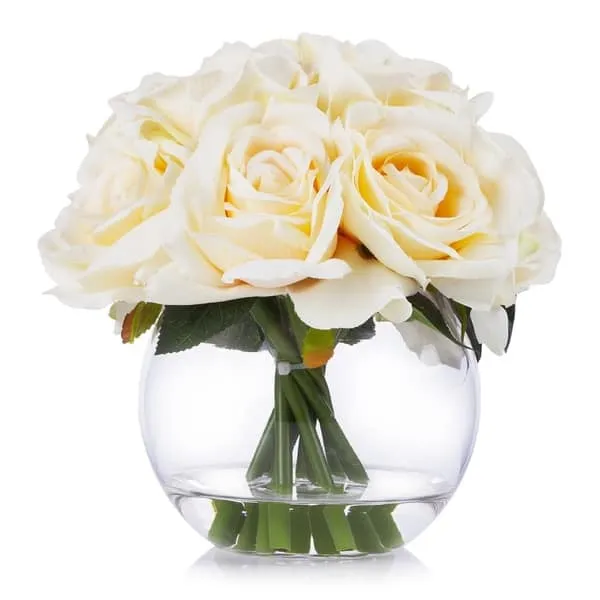 Enova Home 10 Heads Artificial Silk Roses Fake Flowers Arrangement in Round Clear Glass Vase with Faux Water for Home Decoration - Bed Bath & Beyond - 29857494