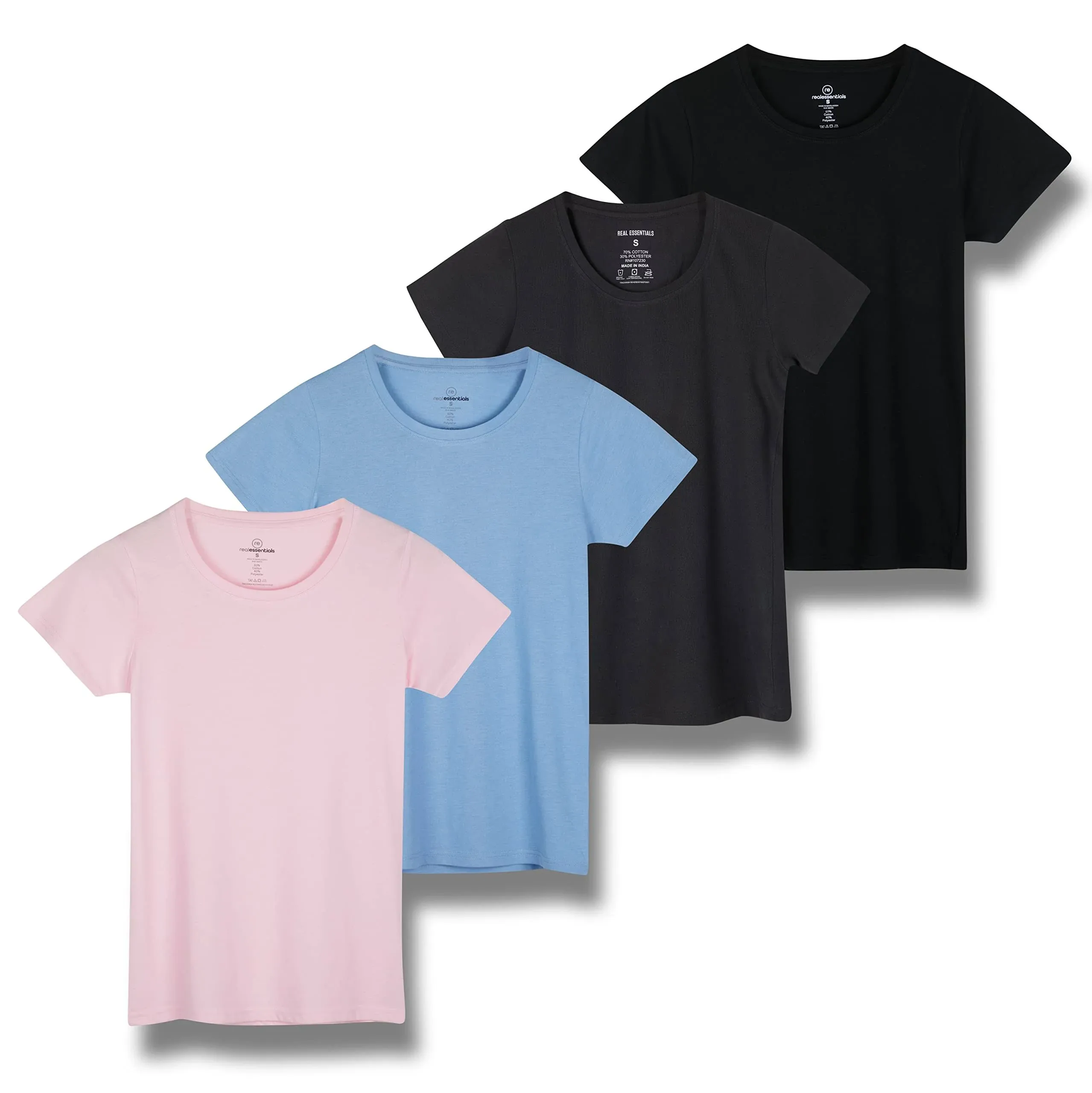 Real Essentials 4 Pack: Women's Classic-Fit Cotton Short-Sleeve Scoop Crew Neck T-Shirt (Available in Plus Size)