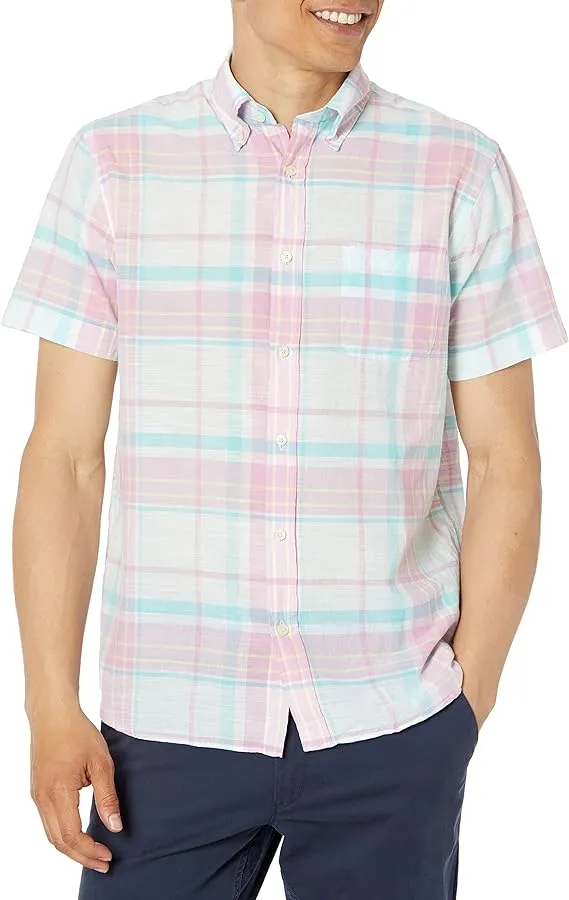 Brooks Brothers Men's Short Sleeve Button Down Cotton Madras Sport Shirt, Plaid