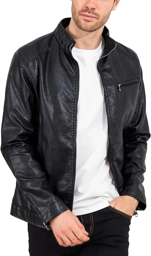 VICALLED Mens Leather Jacket Slim Fit Stand Collar PU Motorcycle Jacket Lightweight