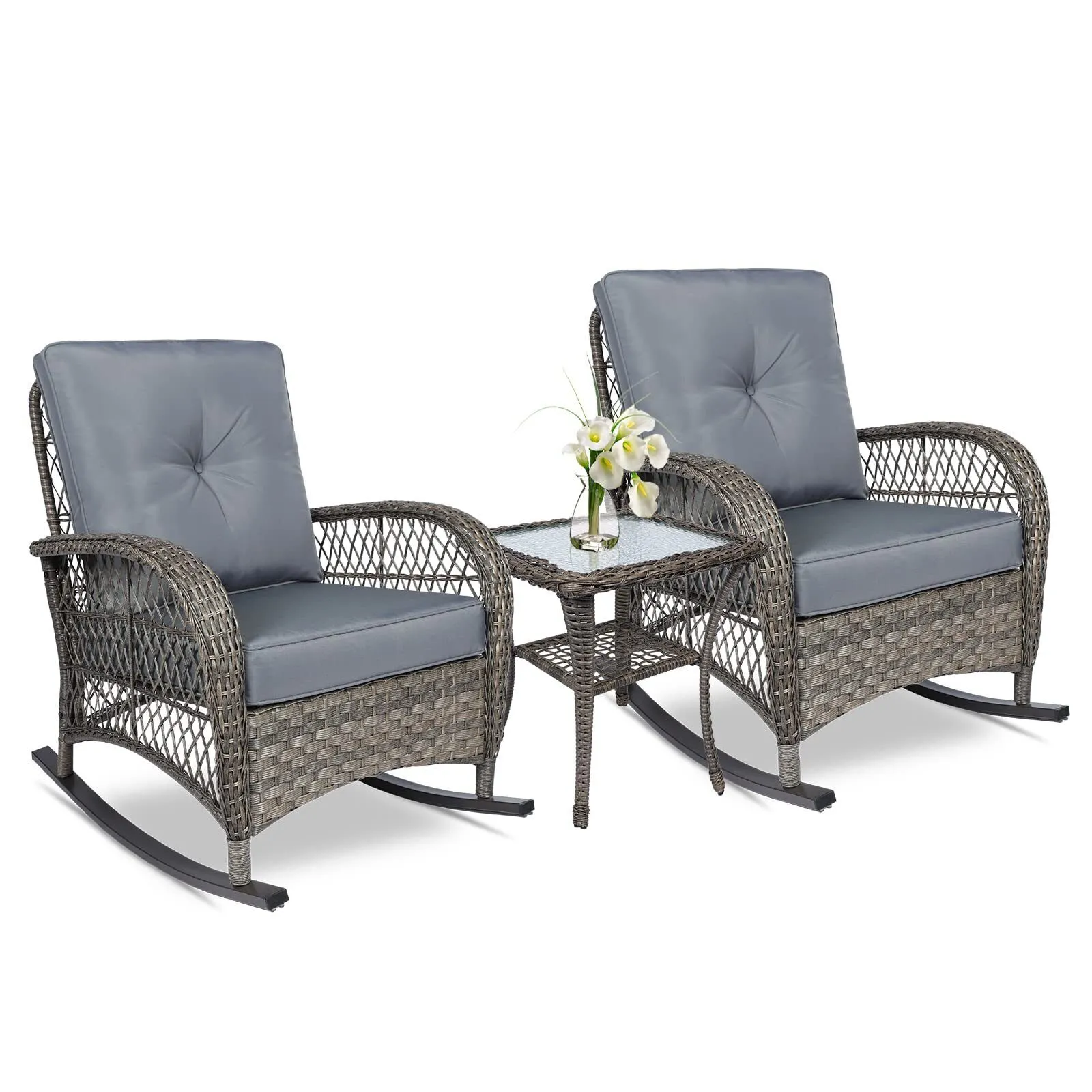 Outdoor Wicker Rocking Chair Patio Rattan All-Weather Rocker Chair W/ Cushions  | eBay