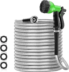 SPECILITE 50ft 304 Stainless Steel Garden Hose Metal, Heavy Duty Water Hoses with Nozzles for Yard, Outdoor - Flexible, Never Kink & Tangle, Puncture Resistant