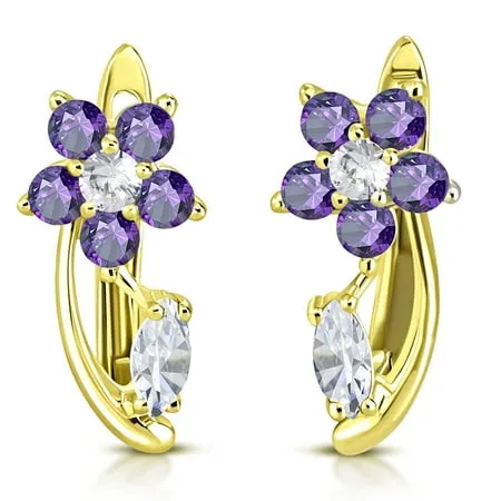 925 Sterling Silver Yellow Gold-Tone White Purple Amethyst-Tone CZ Flower Hoop Huggie Small Earrings