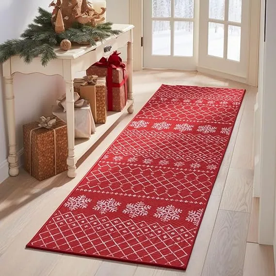 jinchan Christmas Kitchen Runner Rug 2x5 Modern Hallway Rug Washable Rug Abstract Runner Non Slip Geometric Grid Red Lines Soft Thin Rug Carpet Runner for Bedroom Bathroom Laundry Room Living Room