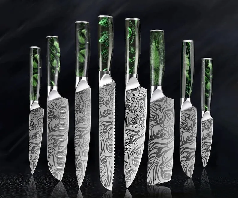 Senken Engraved Japanese Kitchen Knife Set with Beautiful Green Resin Wood Handles - Wasabi Collection - Chef's Knife, Bread Knife, Cleaver Knife,