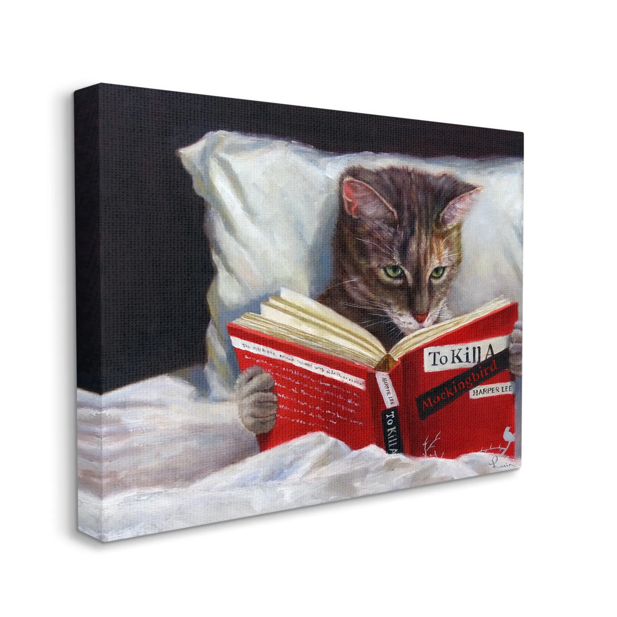 Stupell Industries 16 in. x 20 in."Cat Reading a Book in Bed Funny Painting" by Artist Lucia Heffernan Canvas Wall Art, Multi-Colored