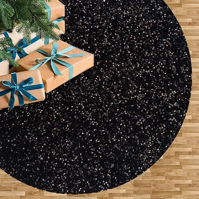 FUHSY Black Tree Skirt Christmas 46 Inch Velvet Tree Skirt Sequin Tree Skirt ...