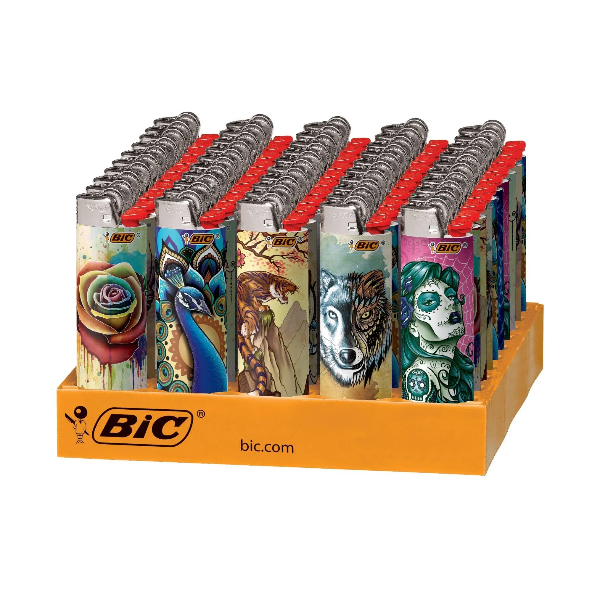 BIC Maxi Pocket Lighter, Special Edition Tattoos Collection, Assorted Unique Lighter Designs, 50 Count Tray of Lighters