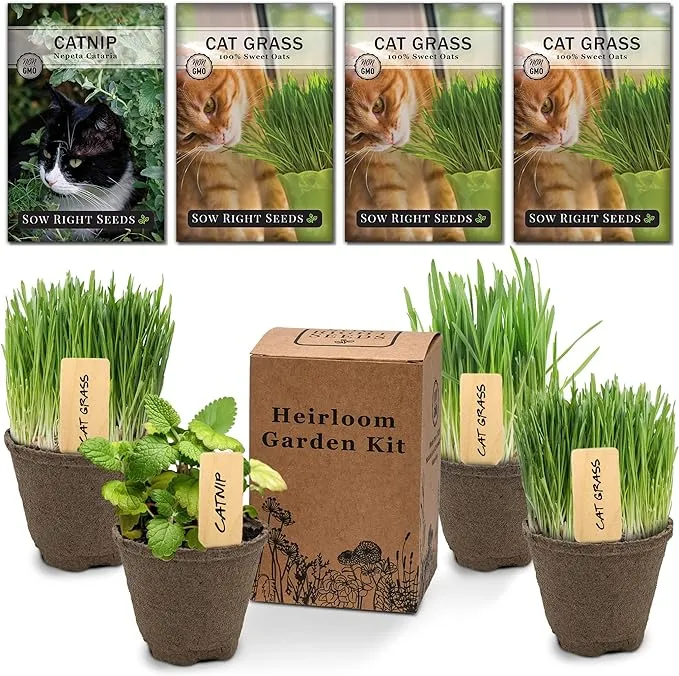 Sow Right Seeds - Heirloom Garden Kit for Cat Lovers - 4 Seed Packets with Instructions, Pots, Potting Soil, and Plant Markers - Start and Grow