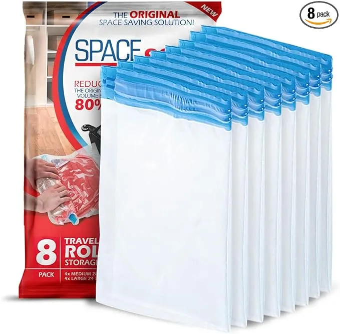 Spacesaver Travel Roll-Up Storage Bags with Double-Zip Seal and Triple-Seal Turbo Valve, Get 80% More Storage - Space Saver Bags for Travel - Compression Bags for Travel (Travel 8 Pack)