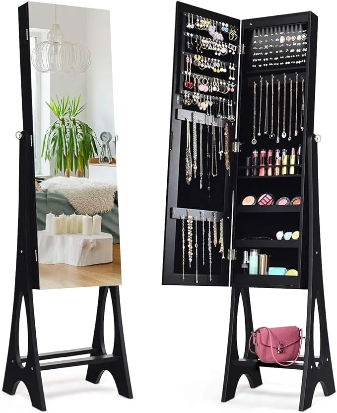 Giantex 12 LED Jewelry Armoire Cabinet with Frameless Full-length Mirror, Standing Jewelry Cabinet with 16 Lipstick Holders, Large Storage Capacity, 3 Angles Adjustable (Black)