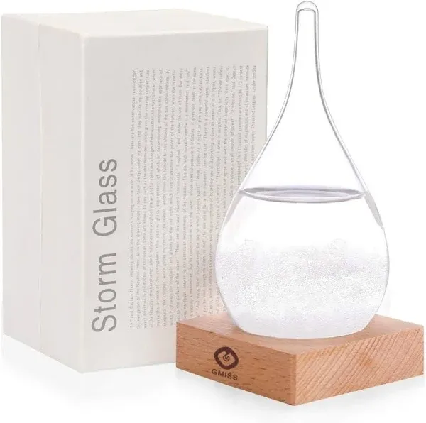 Storm Glass Weather Forecast, Storm Global Weather Station on Wooden Base, Creative Fashion Drop Shape Decoration for Home and Office, Christmas Gift for Family and Friends