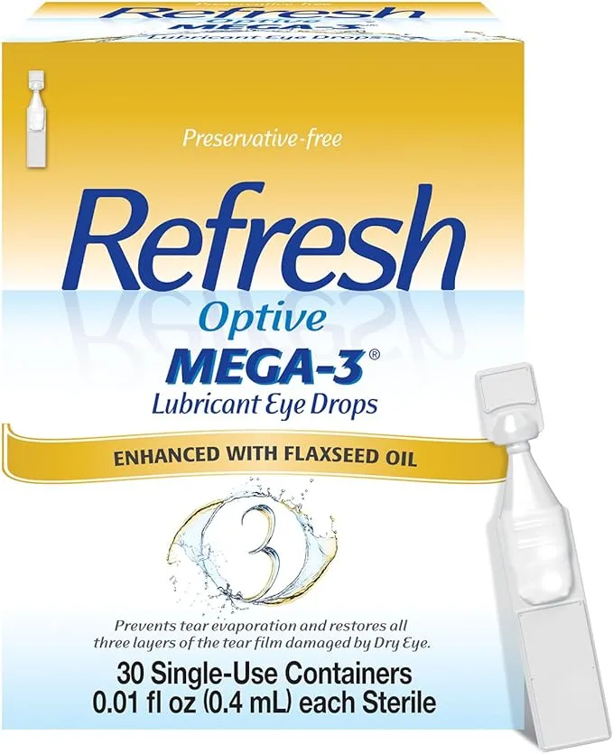 Refresh Optive Mega-3 Lubricant Eye Drops, Preservative-Free, 0.01 Fl Oz Single-Use Containers, 30 Count