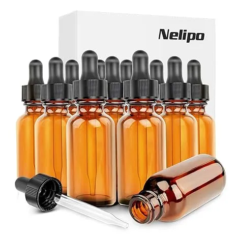 30ml 1 oz AMBER Boston Round Bottle with Standard Glass Dropper 12 Pcs